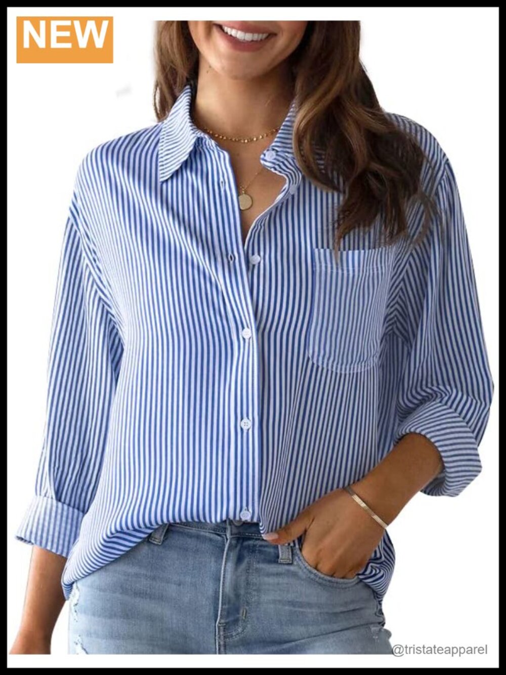 Women's Striped Button-Down Shirt with Pocket, Cotton Blend, Long Sleeve